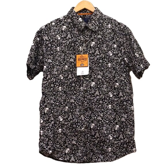 Rugby University Black Button Up Shirt w/ White Skull Bandana Print Men’s Large - Picture 1 of 6